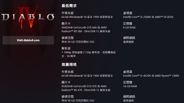 《暗黑破壞神4》對電腦配置要求是什麼？